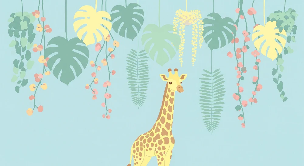 Tapet barnerom | Glad giraff midt i fargerike blader