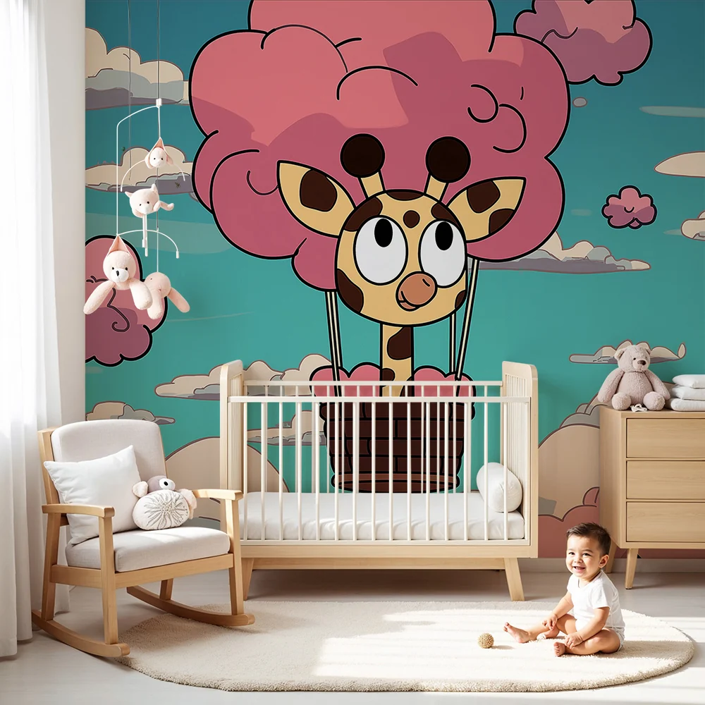 Tapet barnerom | Glad giraffe i en himmel av rosa skyer