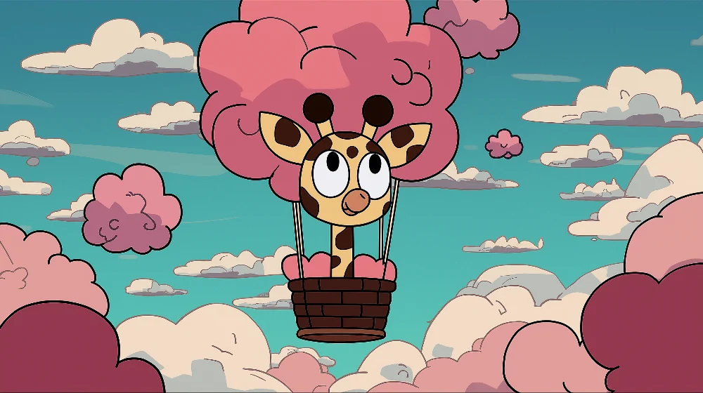 Tapet barnerom | Glad giraffe i en himmel av rosa skyer