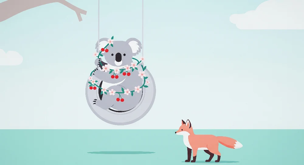 Tapet barnerom | Glad koala på en huske omgitt av blomster og en nysgjerrig rev