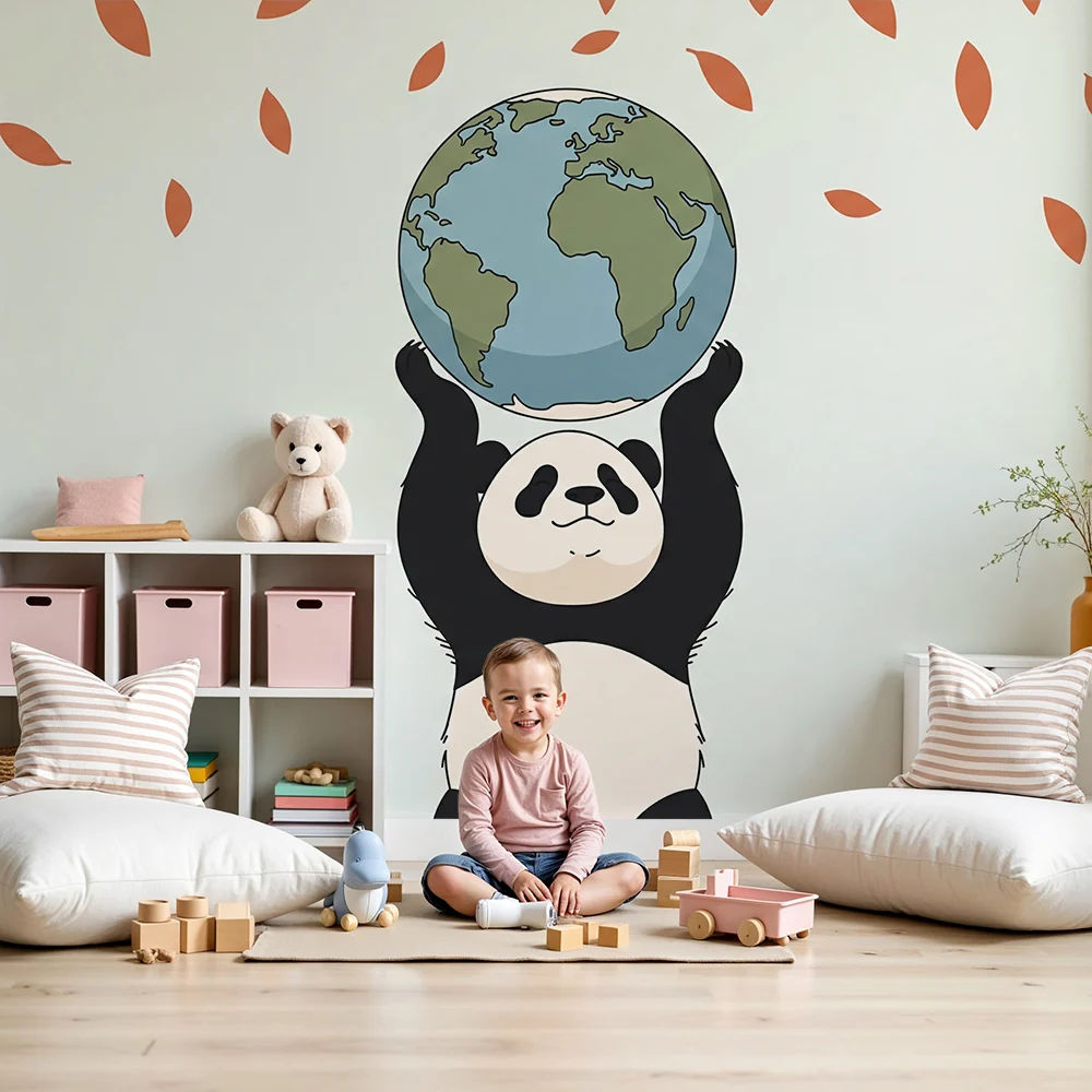 Tapet barnerom | Glad panda som holder jordkloden omgitt av blader