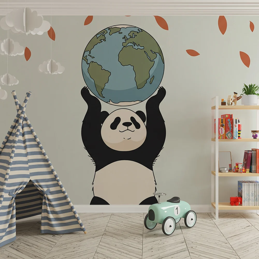 Tapet barnerom | Glad panda som holder jordkloden omgitt av blader