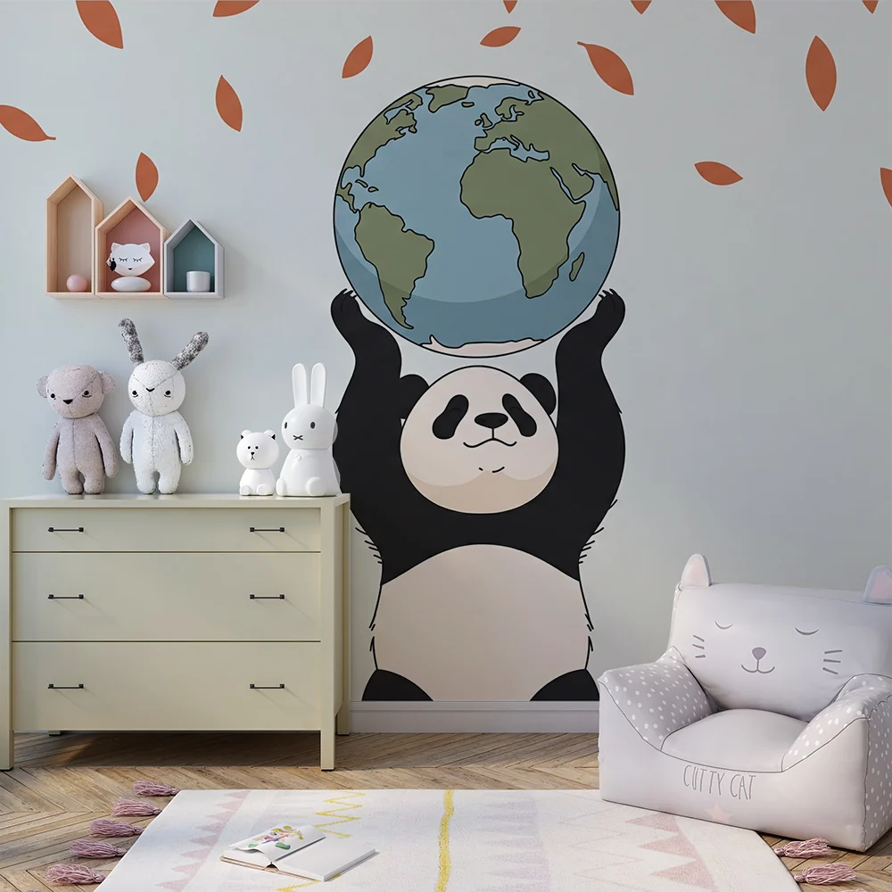 Tapet barnerom | Glad panda som holder jordkloden omgitt av blader