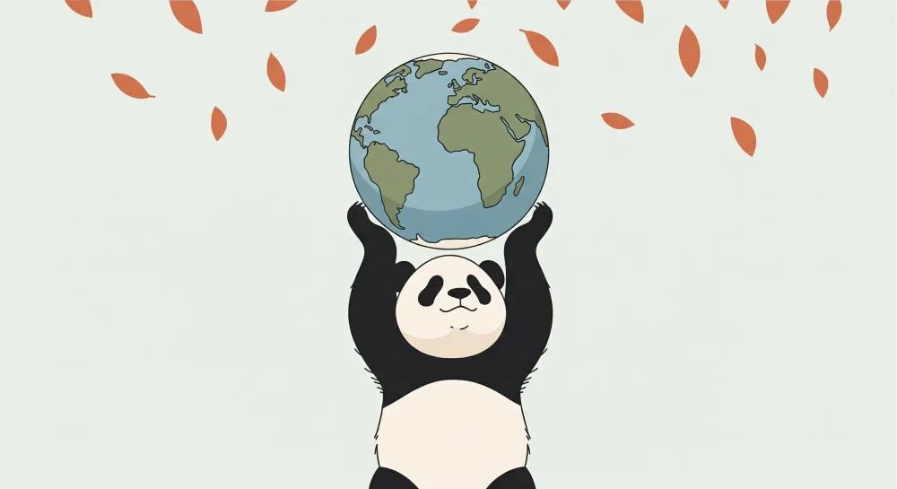 Tapet barnerom | Glad panda som holder jordkloden omgitt av blader