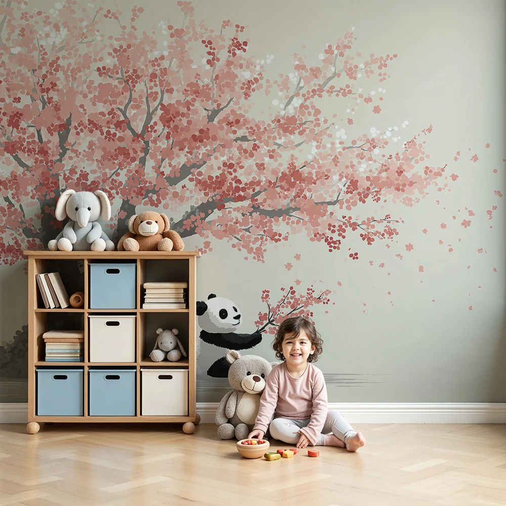 Tapet barnerom | Glad panda under et blomstrende kirsebærtre