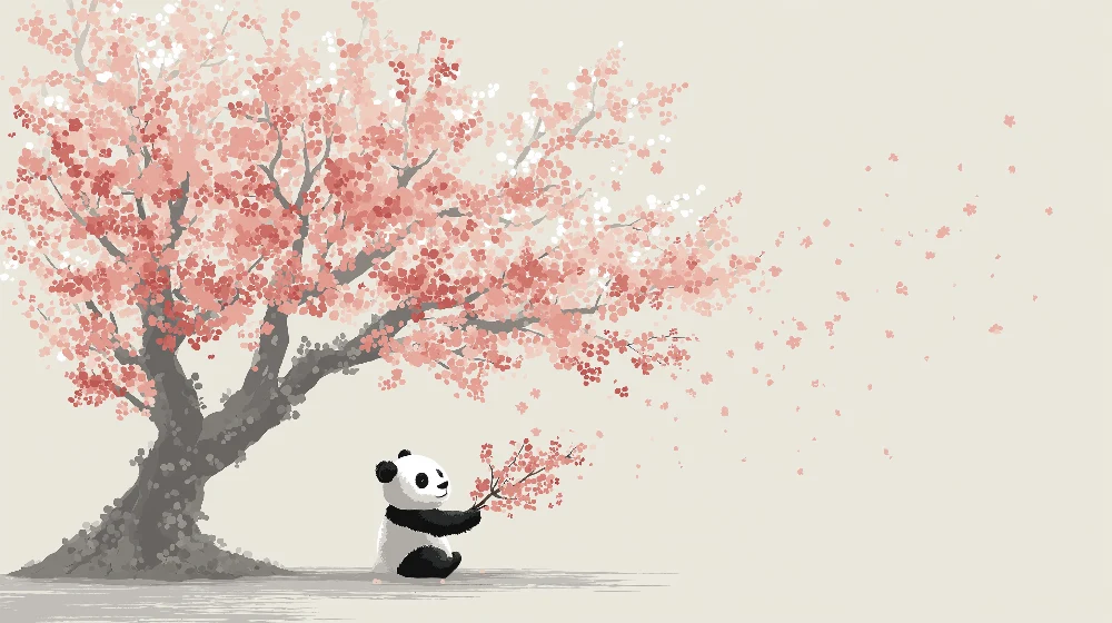 Tapet barnerom | Glad panda under et blomstrende kirsebærtre