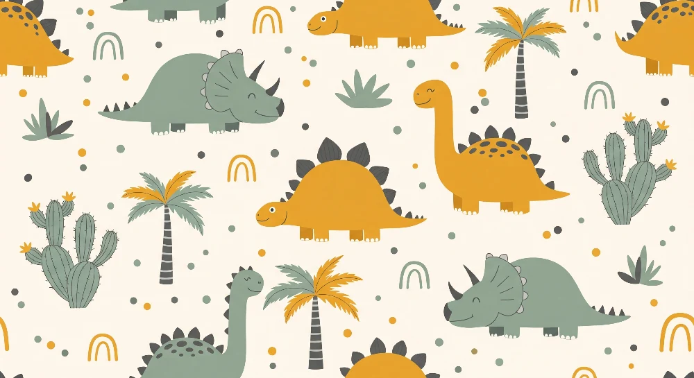 Tapet barnerom | Glade dinosaurer i en fargerik og leken dekor