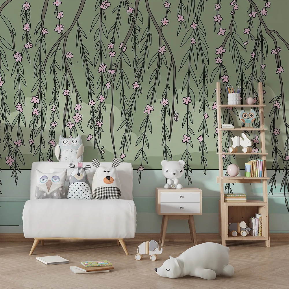 Tapet barnerom | Gråtende pilgrener med rosa blomster og beroligende bakgrunn