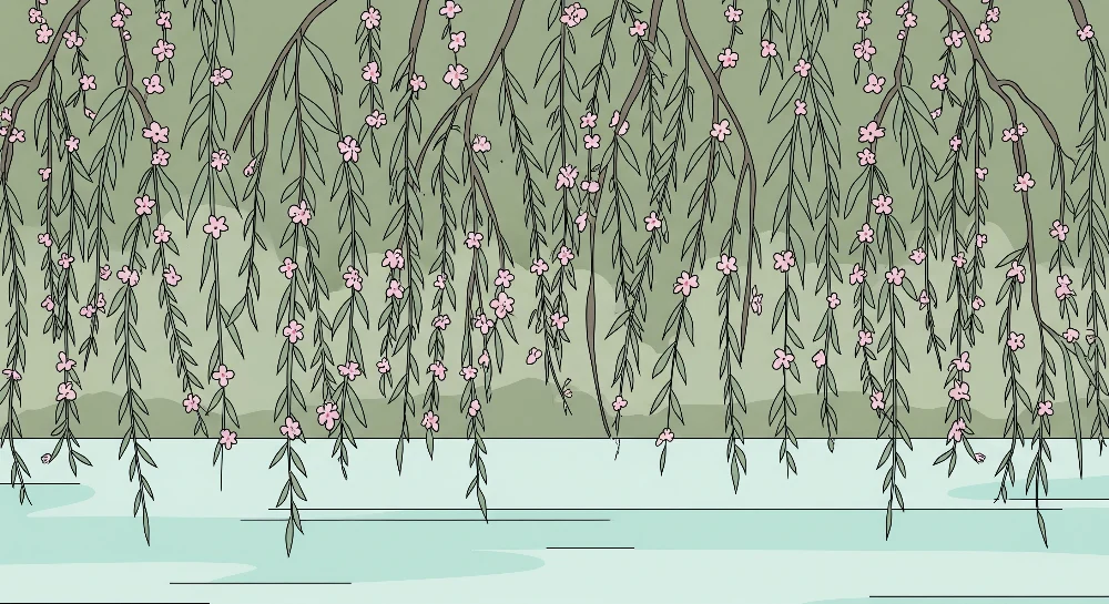 Tapet barnerom | Gråtende pilgrener med rosa blomster og beroligende bakgrunn