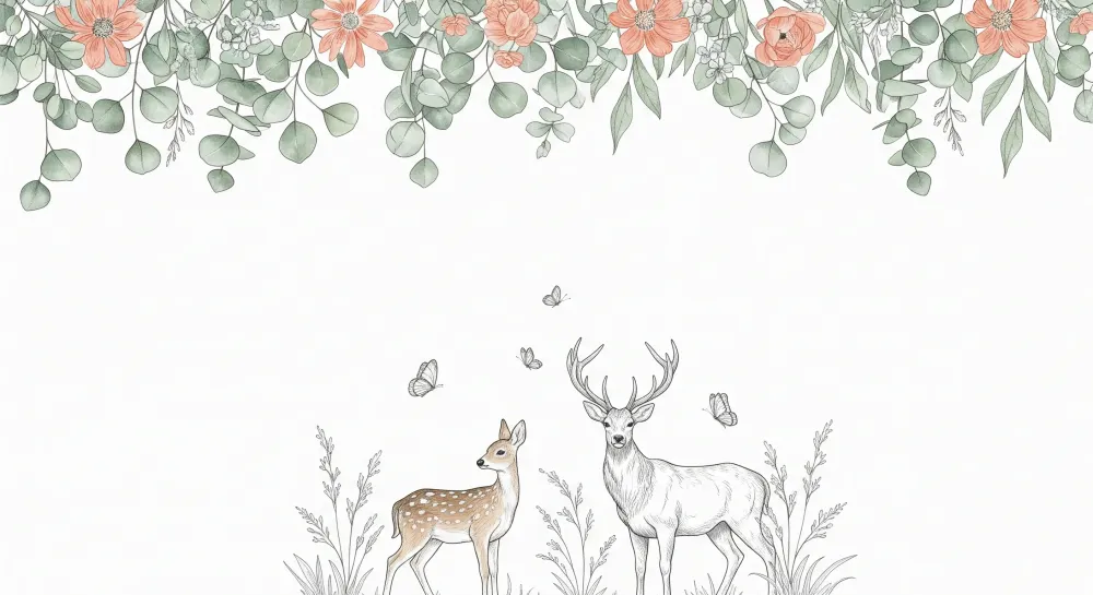 Tapet barnerom | Hjort og kalver i et delikat blomsterdekor