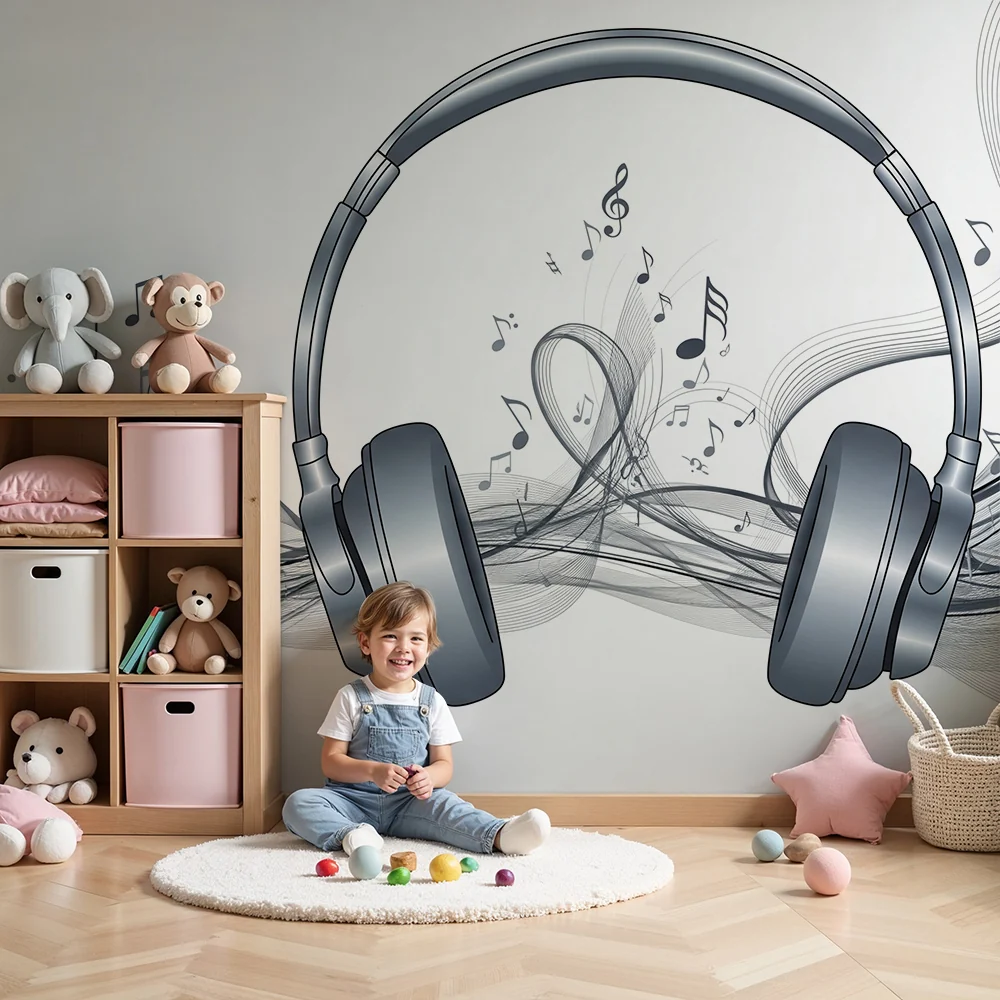 Tapet barnerom | Hodetelefoner og musikknotater i harmoni