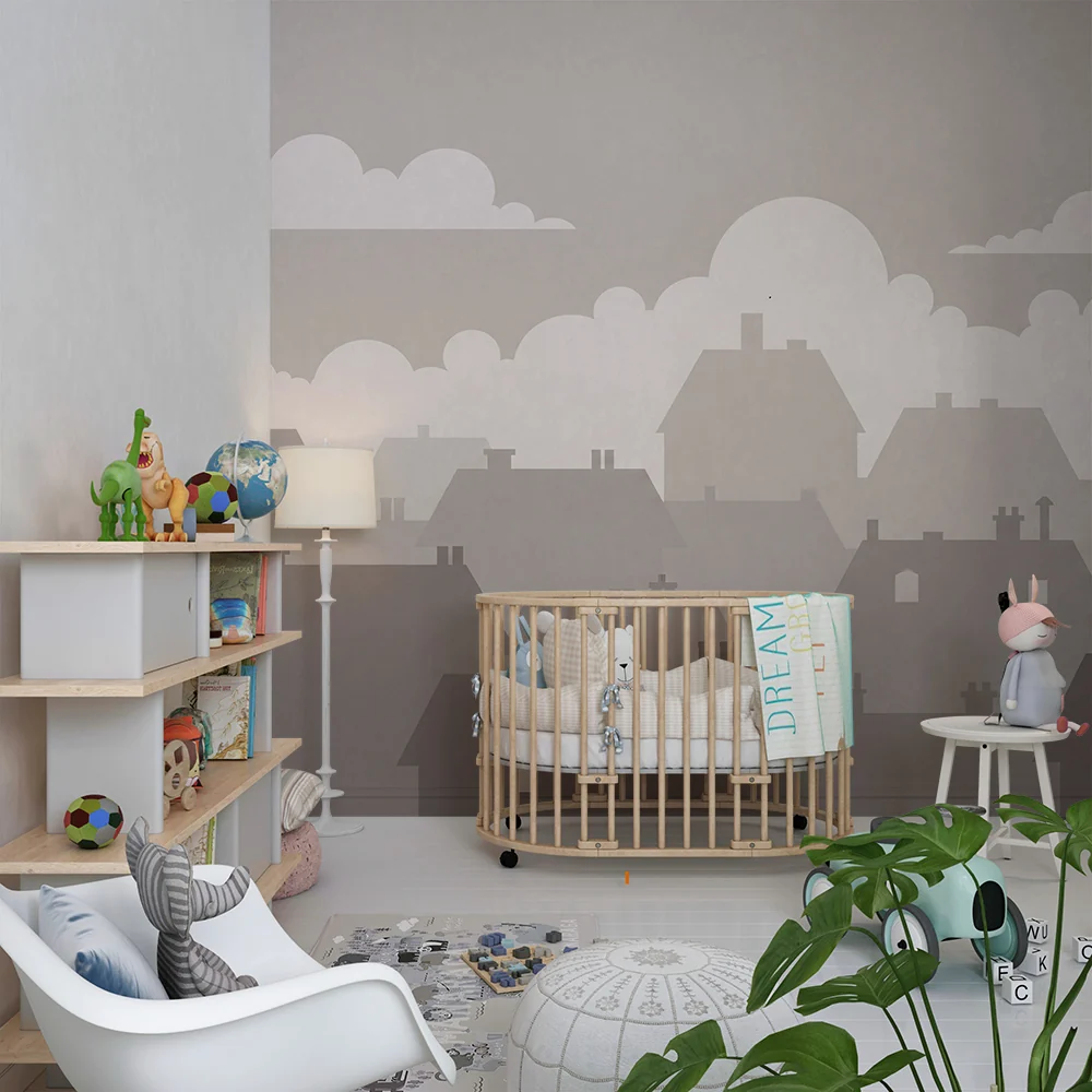 Tapet barnerom | Hus silhuetter i et mykt skylandskap
