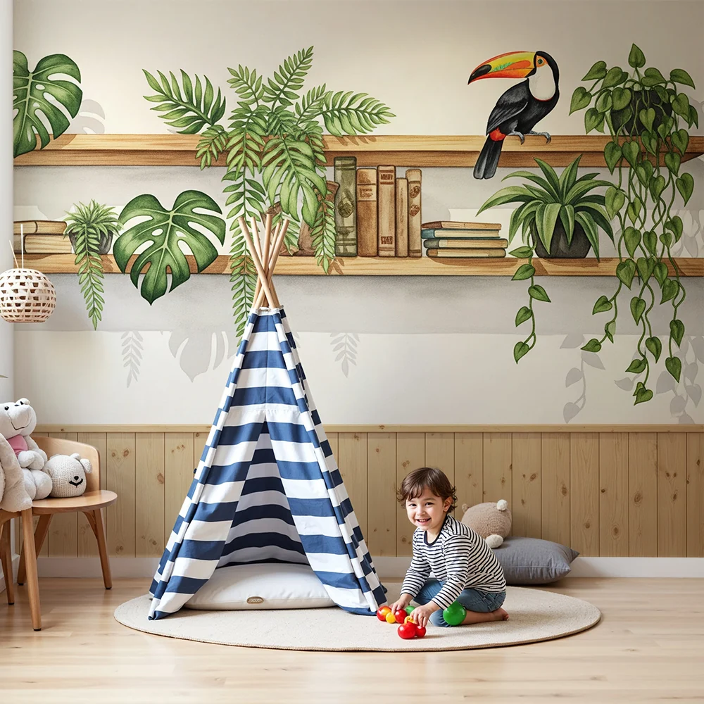 Tapet barnerom | Hyllen i tre med tropiske planter og fargerik toucan