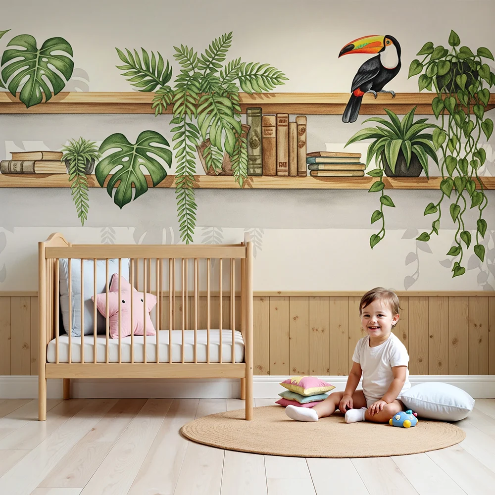 Tapet barnerom | Hyllen i tre med tropiske planter og fargerik toucan