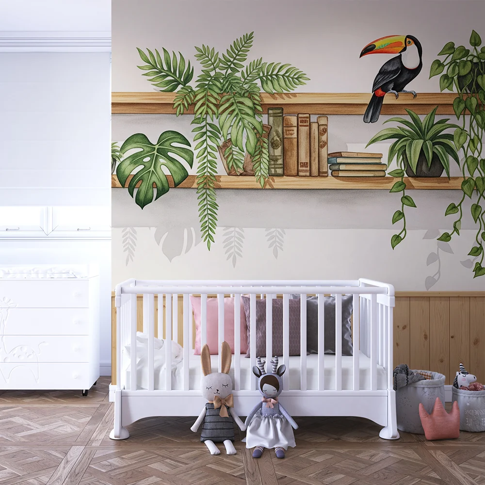 Tapet barnerom | Hyllen i tre med tropiske planter og fargerik toucan