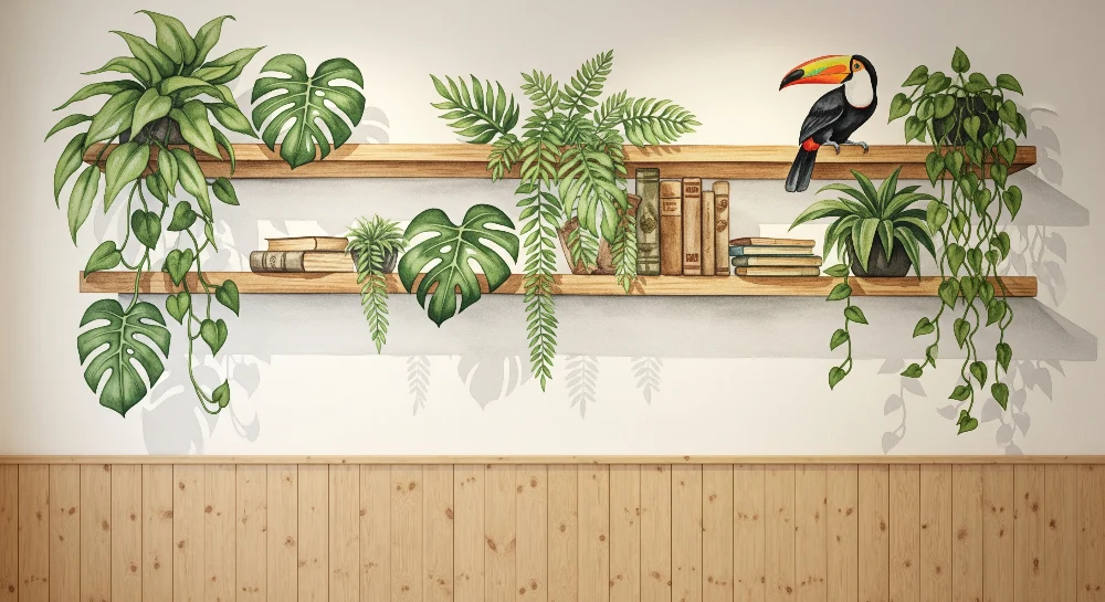 Tapet barnerom | Hyllen i tre med tropiske planter og fargerik toucan