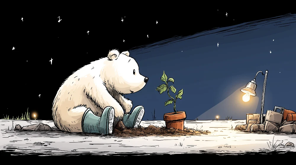 Tapet barnerom | En isbjørn og planten sin under stjernene