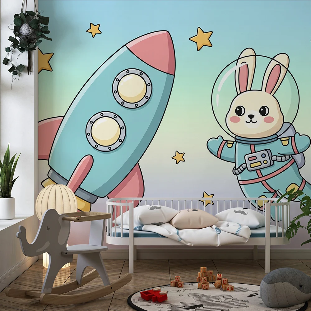 Tapet barnerom | Kanin astronaut og rakett i en stjernehimmel