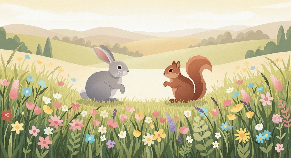 Tapet barnerom | Kanin og ekorn i et blomsterfelt