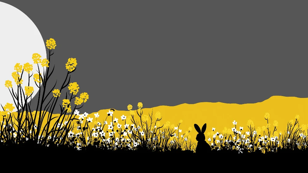 Tapet barnerom | Kanin i et felt av gule og hvite blomster under månen