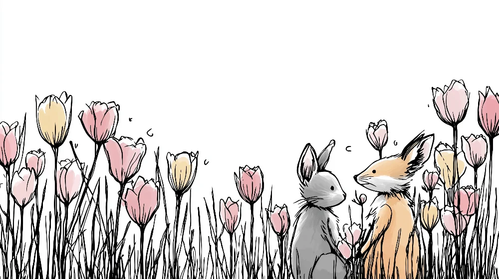 Tapet barnerom | Kaniner og delikate blomster i en vårhage