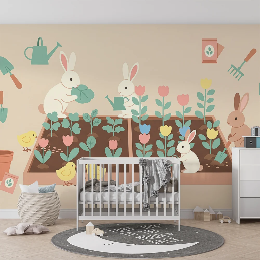 Tapet barnerom | Kaniner gartnere og fargerike blomster i en grønnsakhage