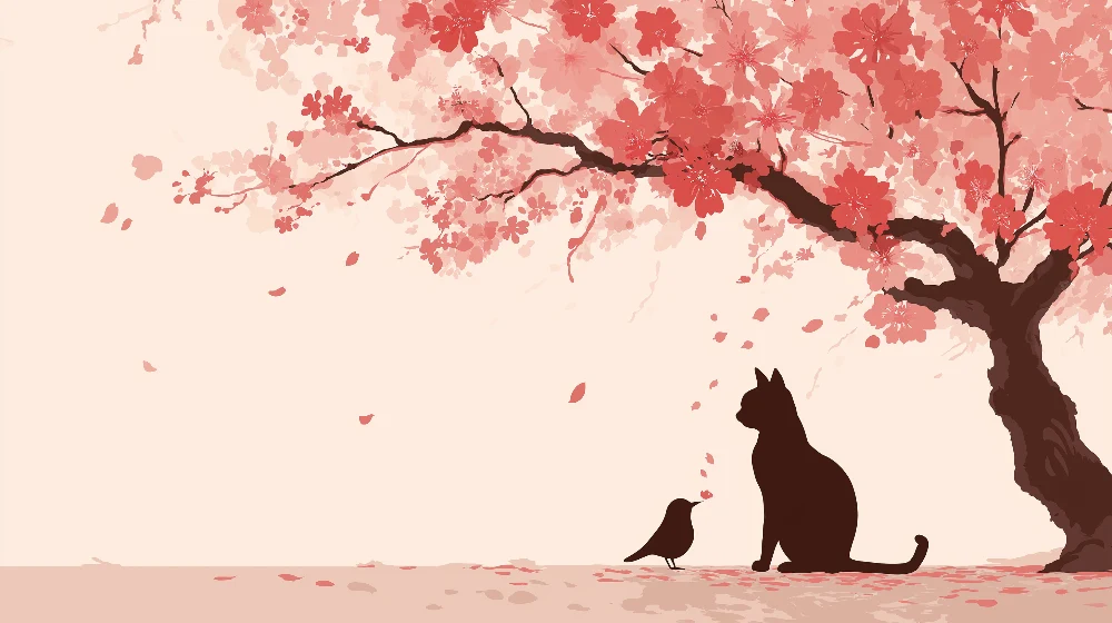 Tapet barnerom | Katt og fugl under et blomstrende kirsebærtre