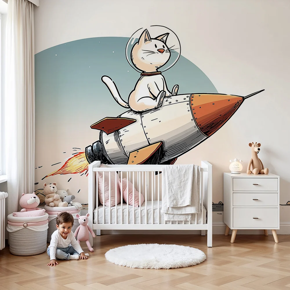 Tapet barnerom | Katteastronaut på rakett i rommet