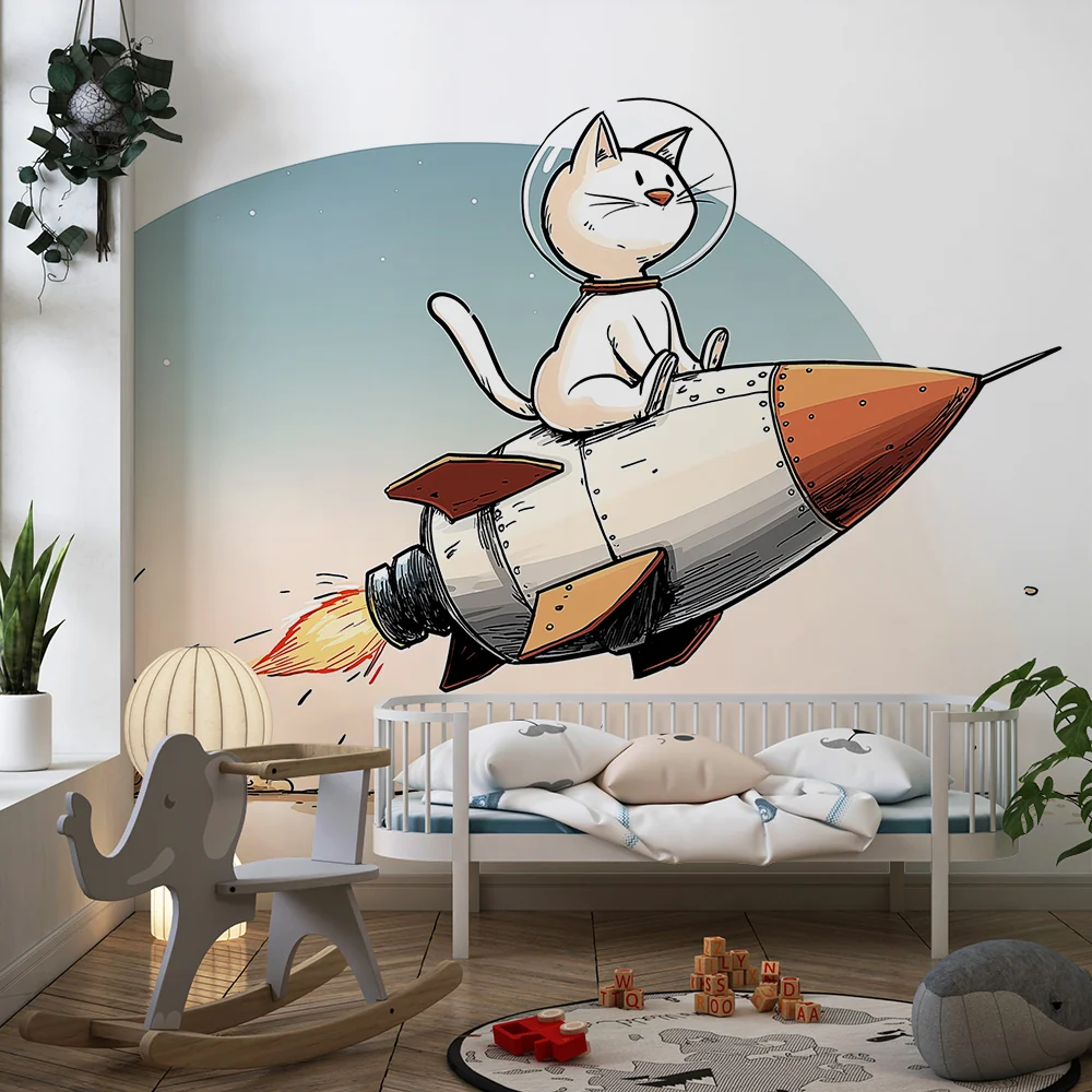 Tapet barnerom | Katteastronaut på rakett i rommet