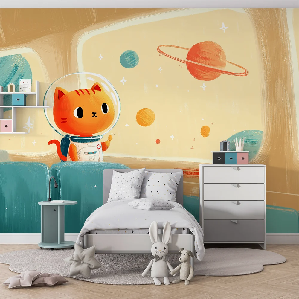 Tapet barnerom | Katteastronaut som utforsker fargerikt rommet