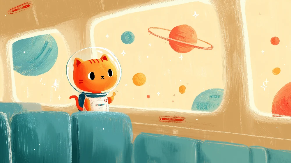 Tapet barnerom | Katteastronaut som utforsker fargerikt rommet