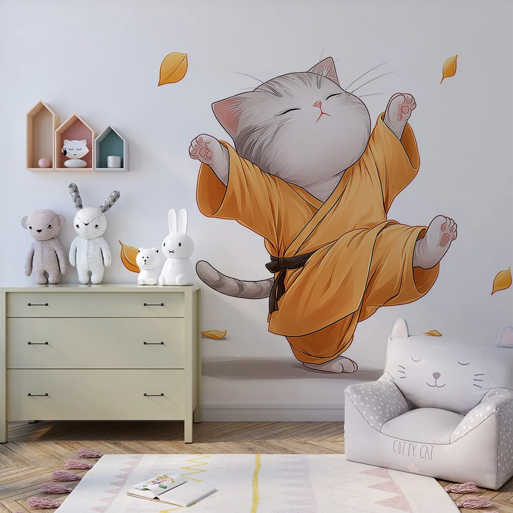 Tapet barnerom | Kattunge i kimono danser blant høstbladene