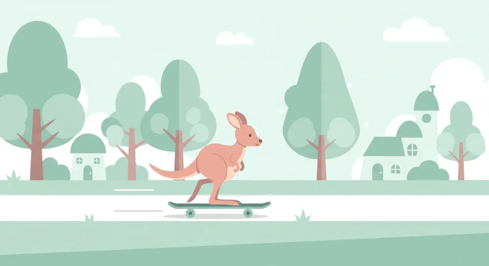 Tapet barnerom | Kenguru på skateboard i et lekent landskap
