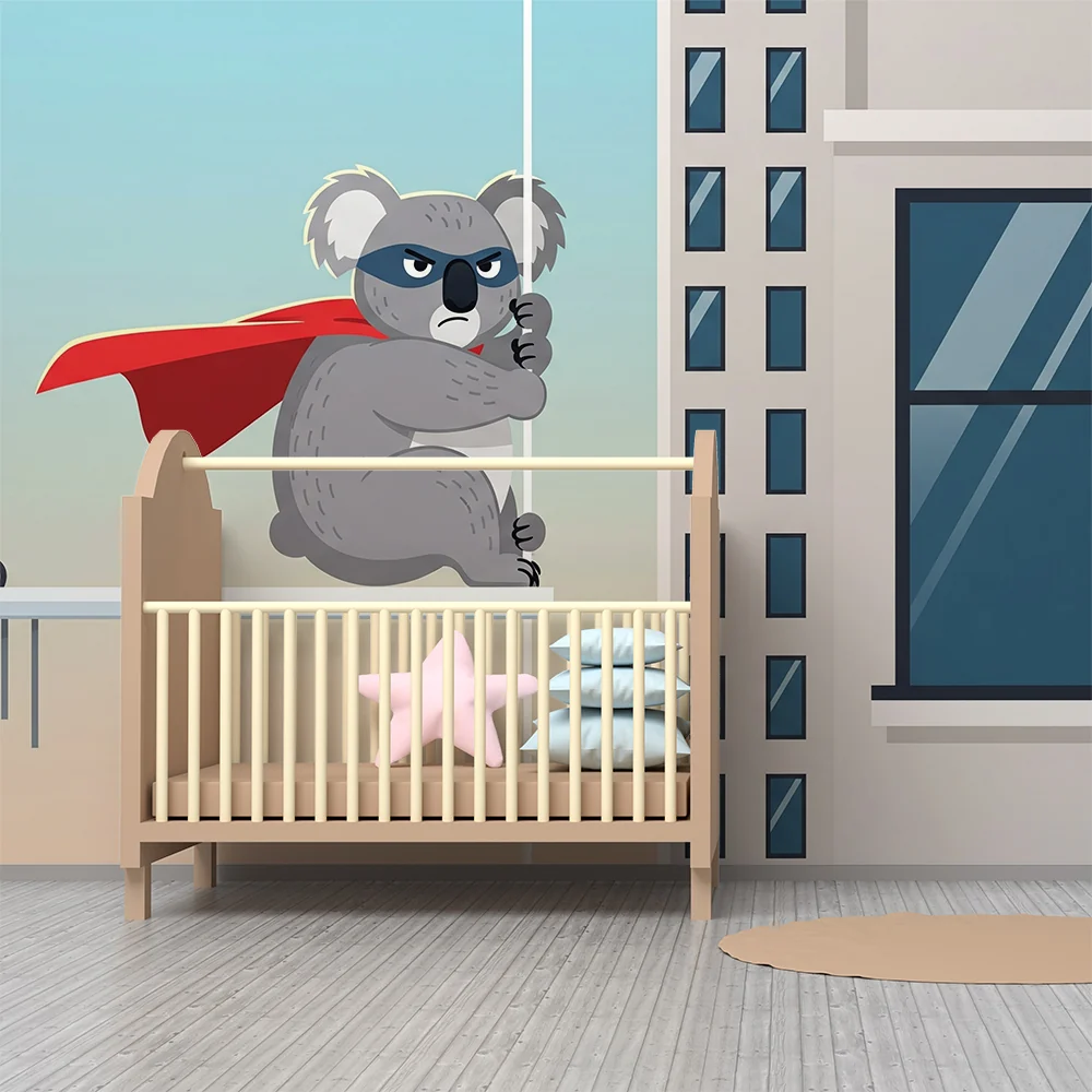Tapet barnerom | Koala superhelt i full action på bybakgrunn
