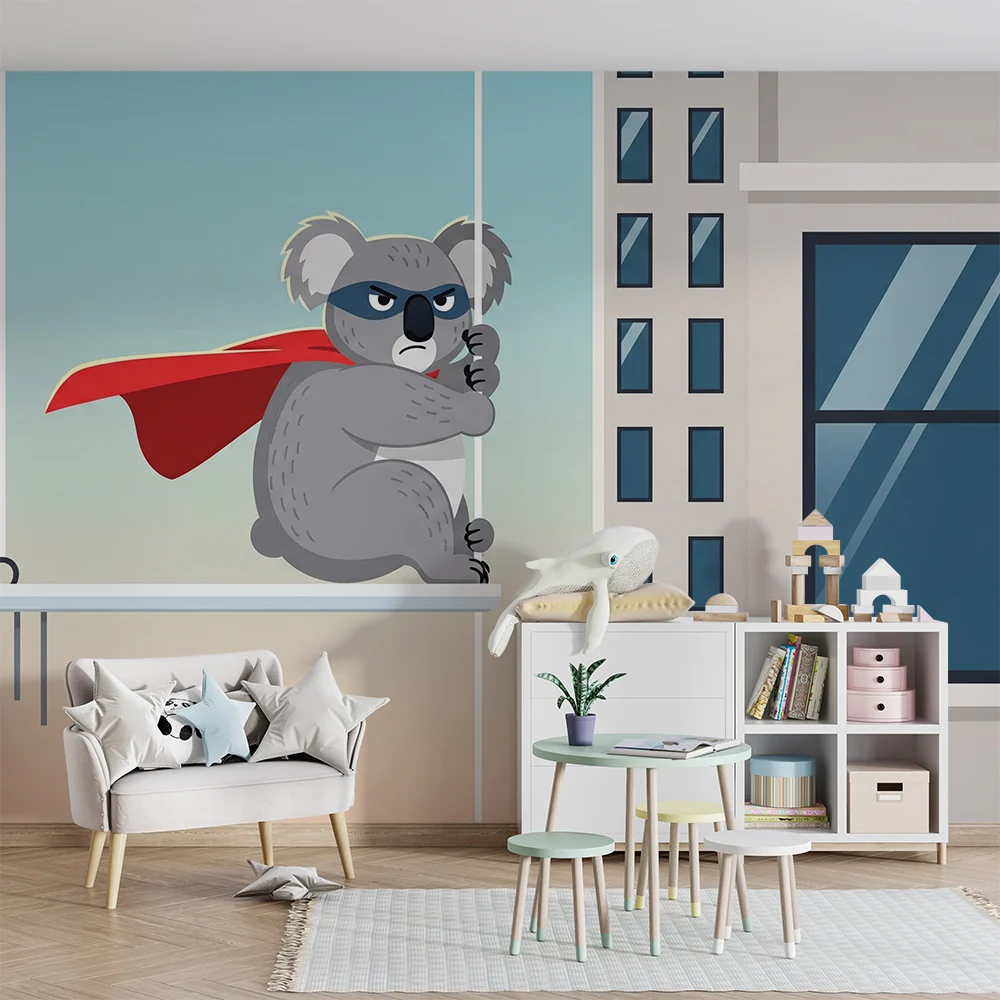 Tapet barnerom | Koala superhelt i full action på bybakgrunn