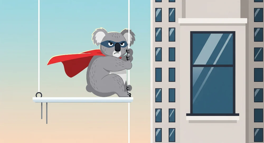 Tapet barnerom | Koala superhelt i full action på bybakgrunn