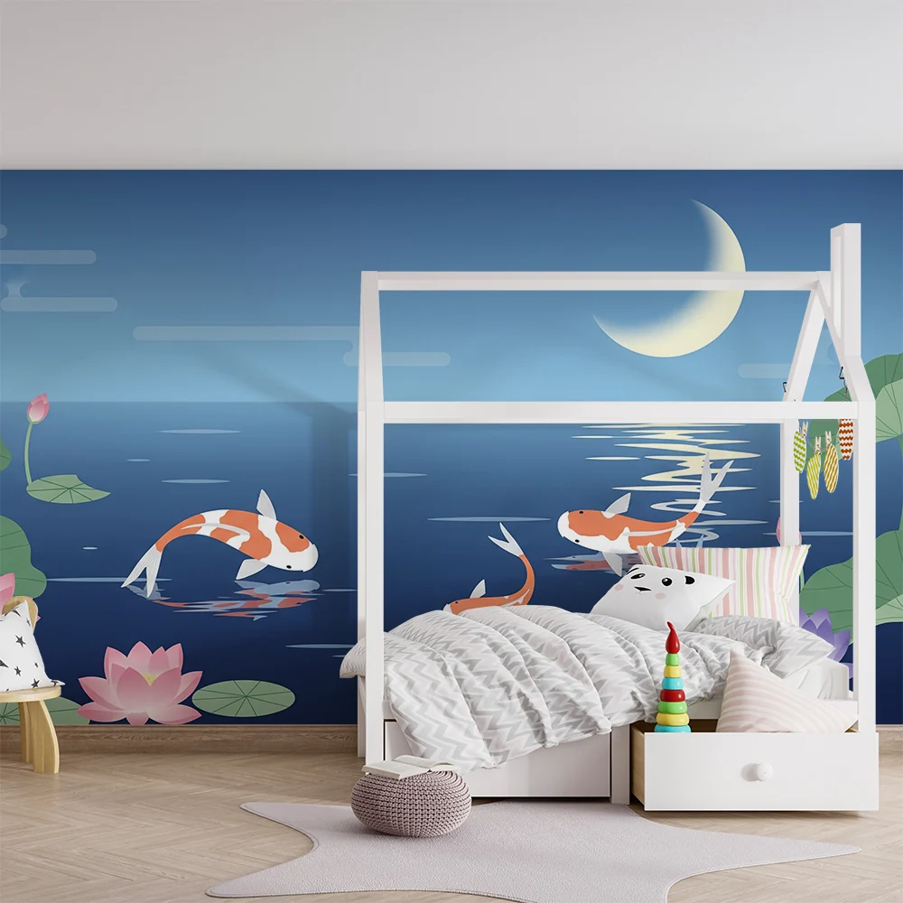 Tapet barnerom | Koi-fisker og lotusblomster under månen