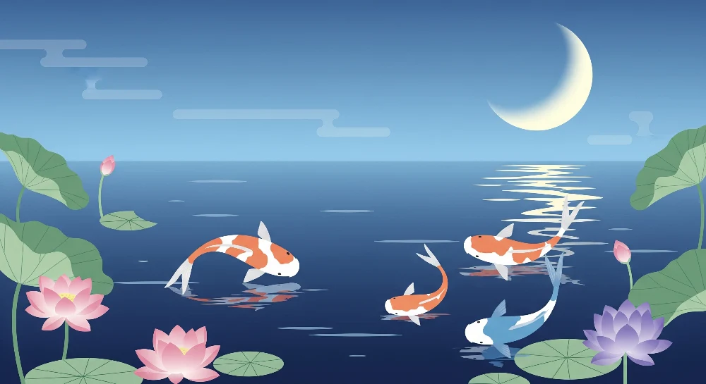 Tapet barnerom | Koi-fisker og lotusblomster under månen