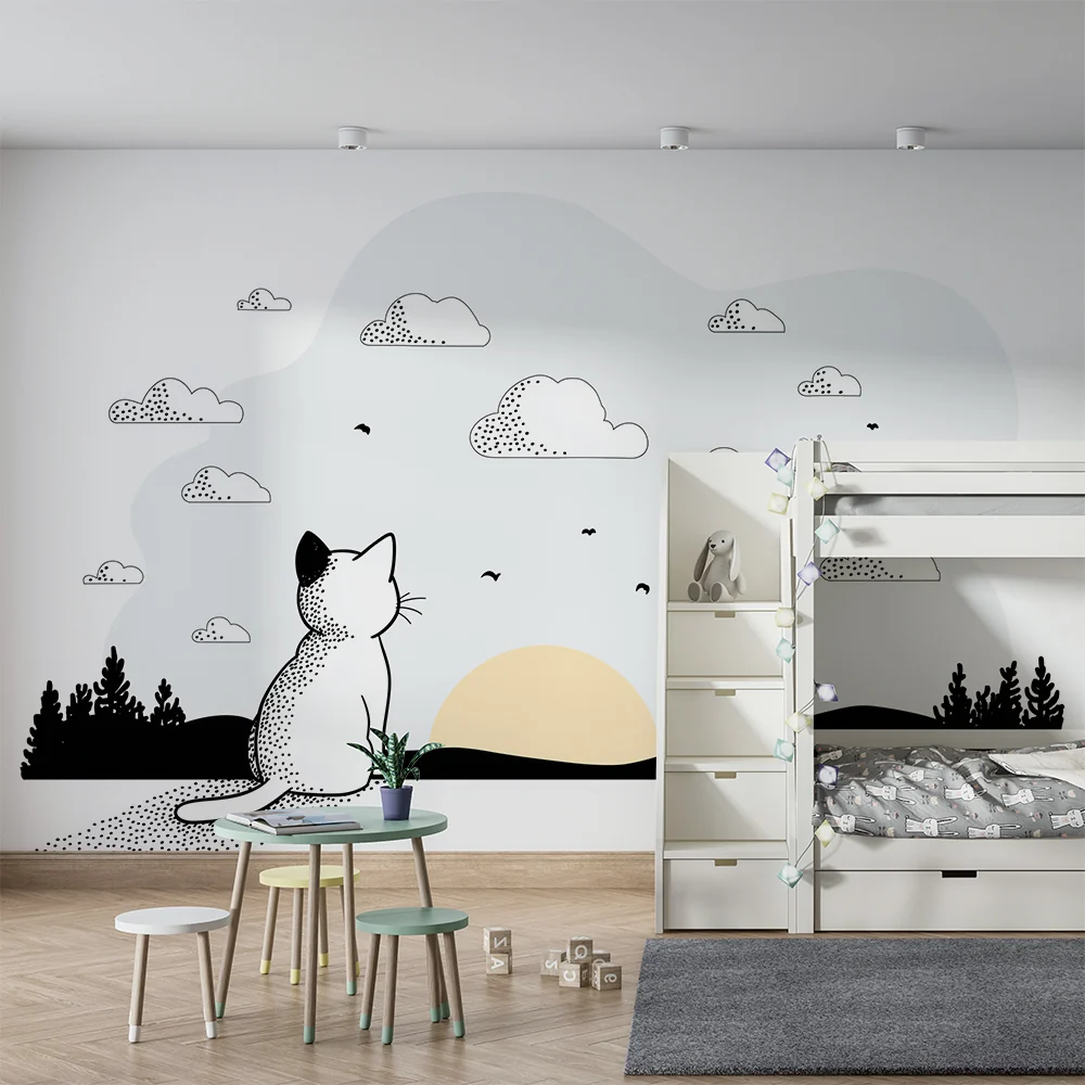 Tapet barnerom | Kontemplativ katt foran en minimalistisk solnedgang