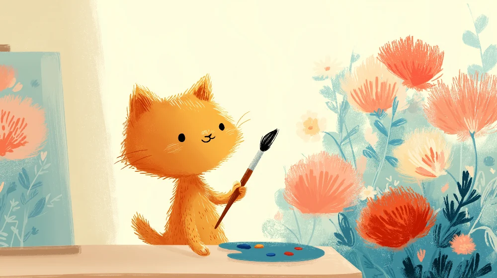 Tapet barnerom | En kunstnerkattunge omgitt av fargerike blomster