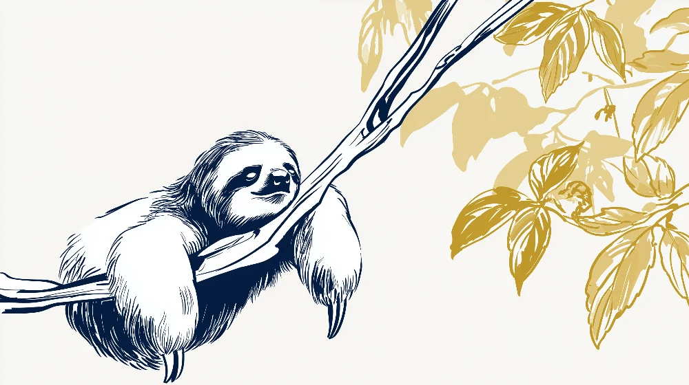 Tapet barnerom | Søt lat sloth henger på en gren med gylne blader
