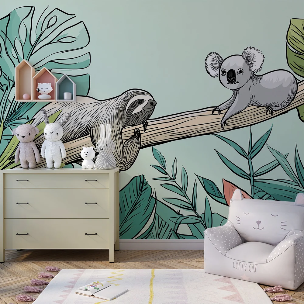 Tapet barnerom | Late og koala i en fargerik jungel