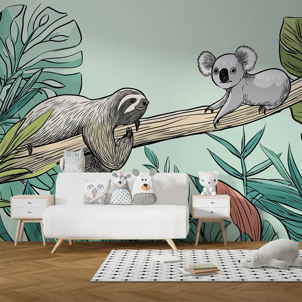 Tapet barnerom | Late og koala i en fargerik jungel