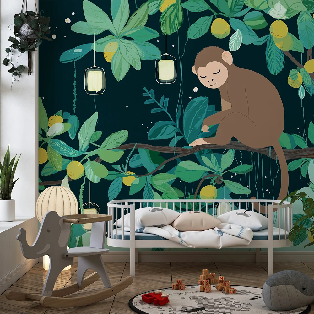 Tapet barnerom | Leken ape på en gren med sitroner og lanterner