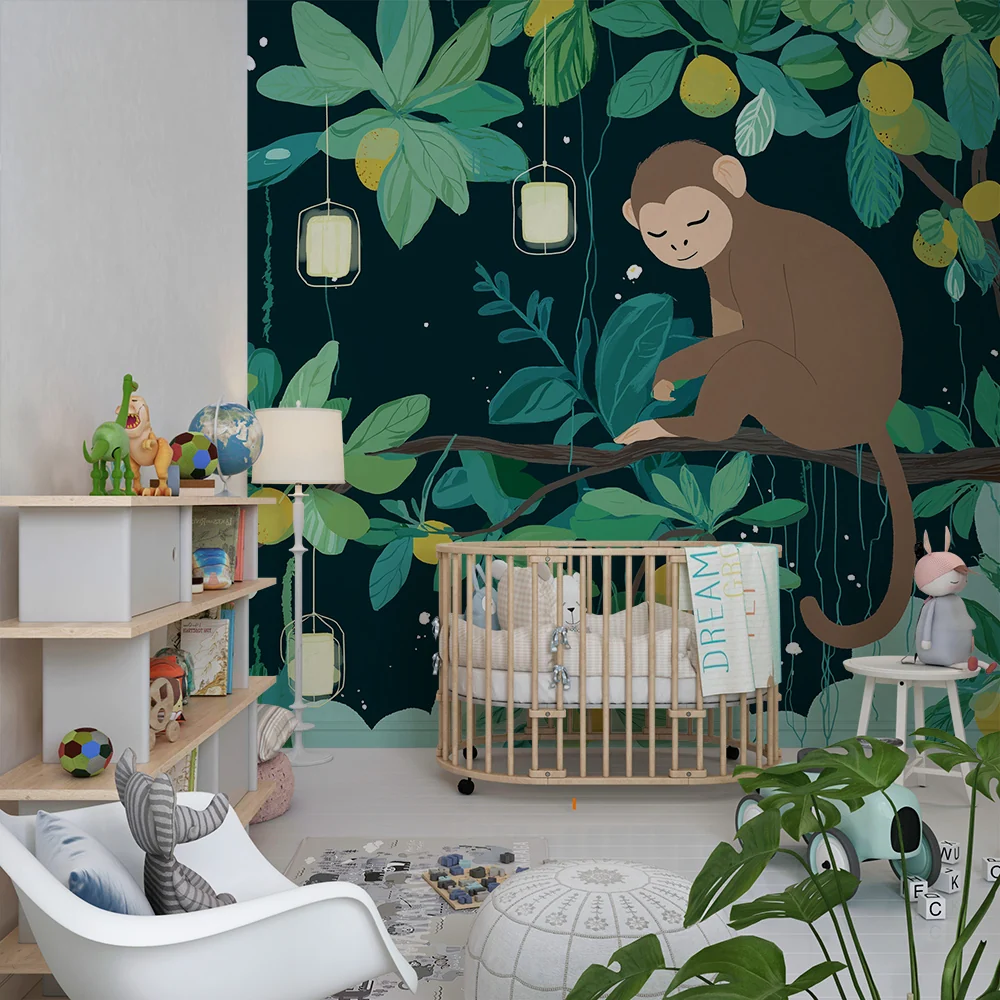 Tapet barnerom | Leken ape på en gren med sitroner og lanterner