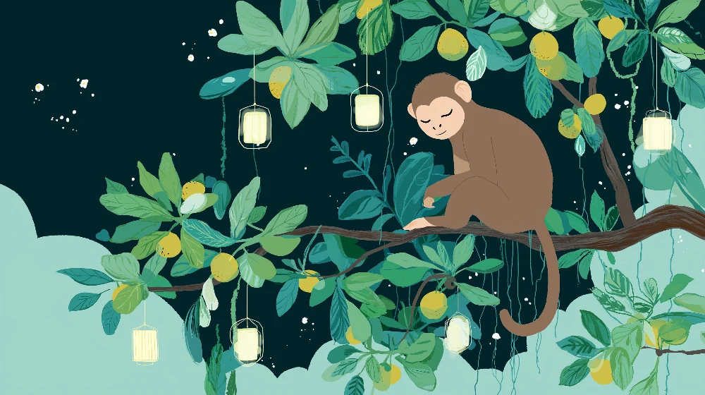 Tapet barnerom | Leken ape på en gren med sitroner og lanterner