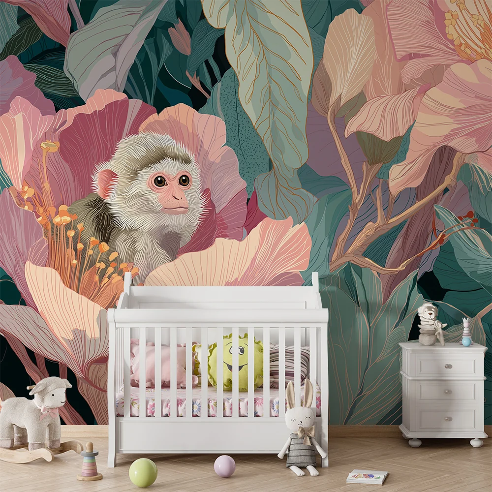 Tapet barnerom | Leken ape midt i tropiske blomster