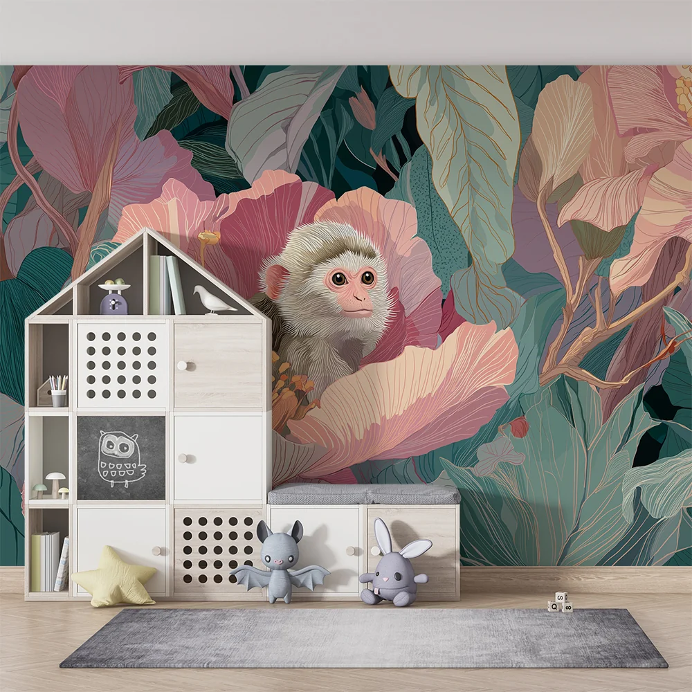 Tapet barnerom | Leken ape midt i tropiske blomster