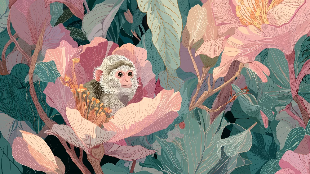 Tapet barnerom | Leken ape midt i tropiske blomster
