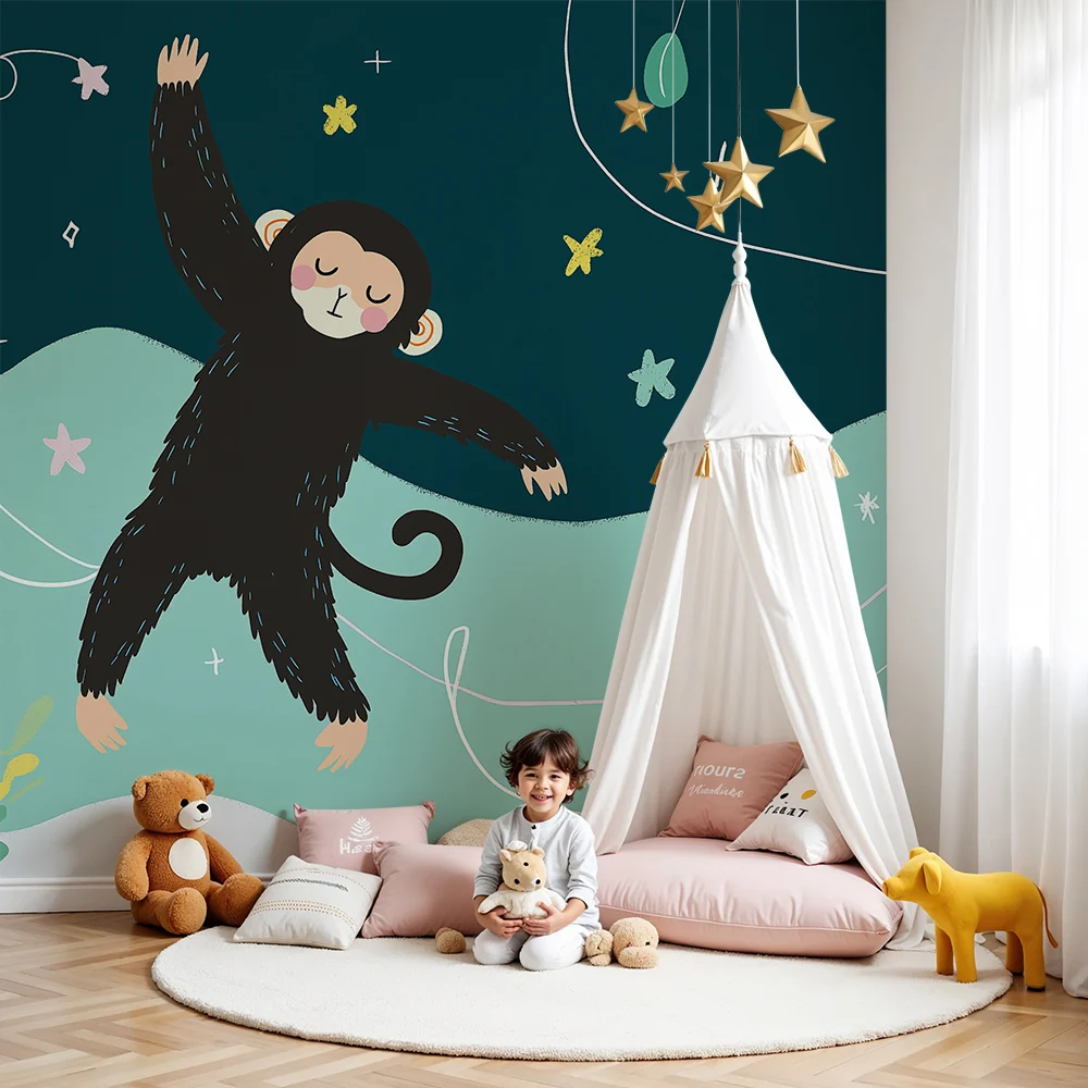 Tapet barnerom | Leken ape i en stjernehimmel